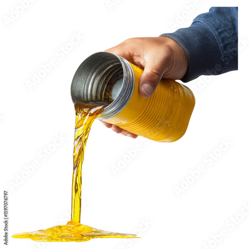 Hand Pouring Yellow Liquid from Transparent Container on White Background