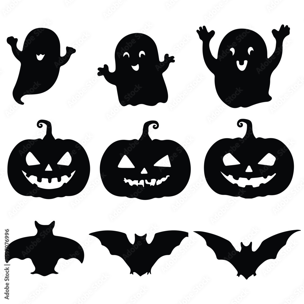 Obraz premium Halloween icons ghost bat witch hat skull coffin pumpkins