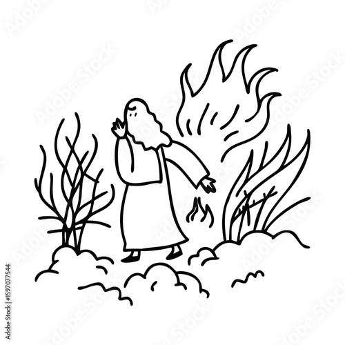 moses at the burning bush biblical scene hand-drawn minimalist outline sketch with stylish black linear elements
