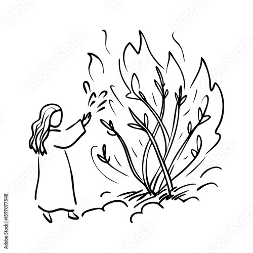 moses at the burning bush biblical scene hand-drawn minimalist outline sketch with stylish black linear elements