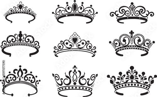 Collection of ornate royal crowns and tiaras isolated on transparent background