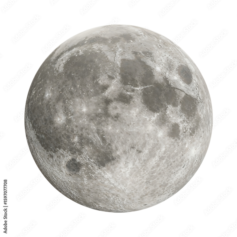 Naklejka premium High-resolution image of the full moon, showcasing its craters and surface texture against a white background.