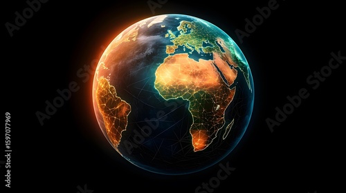 The image contains a digitally rendered Earth, glowing with a network of interconnected lines, primarily highlighting Europe and Africa with warm colors.  A cooler, teal glow outlines the continents.