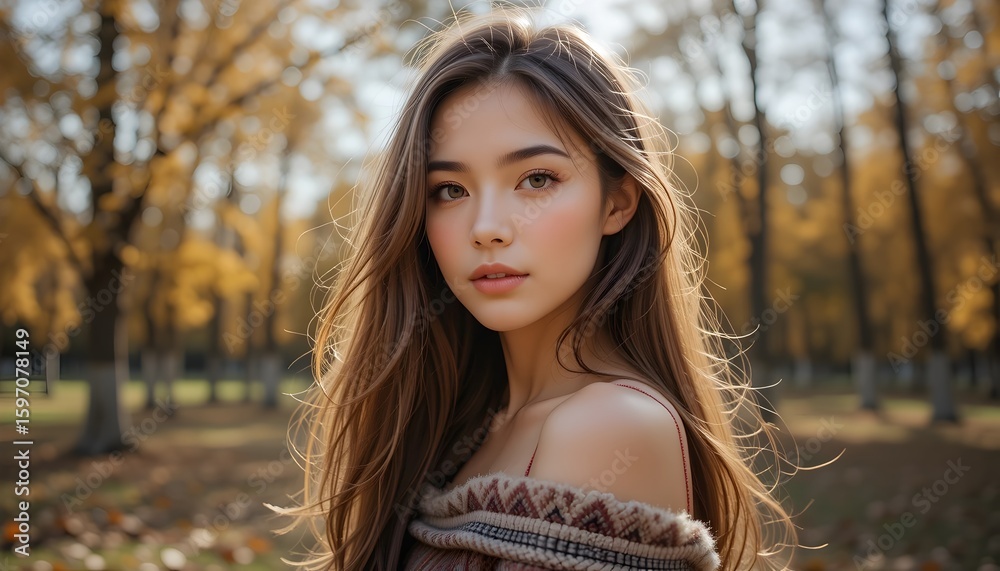 Naklejka premium Beautiful Young Woman Posing in Autumn with Golden Leaves and Warm Light — Seasonal Fashion Portrait Amid Fall Foliage in a Natural Outdoor Setting Full of Color