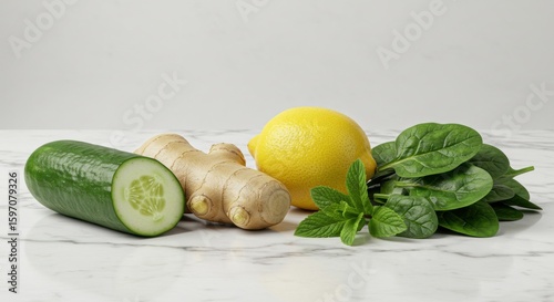 Fresh Vegetables and Herbs on Marble Countertop Green Cucumber, Ginger Root, Yellow Lemon and Spinach Leaves