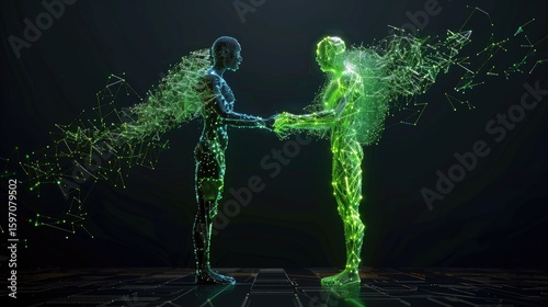 3D holographic humanoid AI sharing data with human partner, futuristic scene of intelligence transfer and autonomy