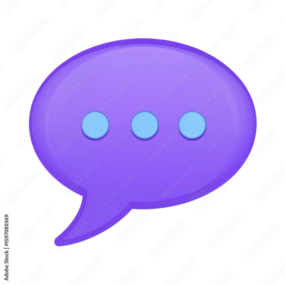 A purple speech bubble with three light blue dots inside, isolated on a white background. A purple speech bubble with three light blue dots inside, isolated on a white background.