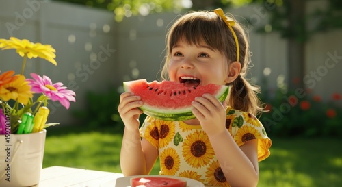 Happy Young Girl Eating Red Watermelon Slice Outdoors in Sunny Garden