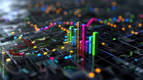 3D financial graph with upward trends and bar charts on glowing digital grid, symbolizing business analytics