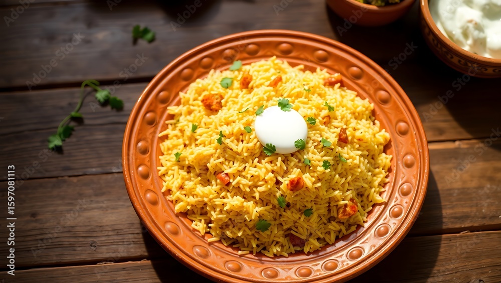 Top View of Delicious Egg Biryani Served in a Clay Plate on a Rustic Table Top View of Delicious Egg Biryani Served in a Clay Plate on a Rustic Table