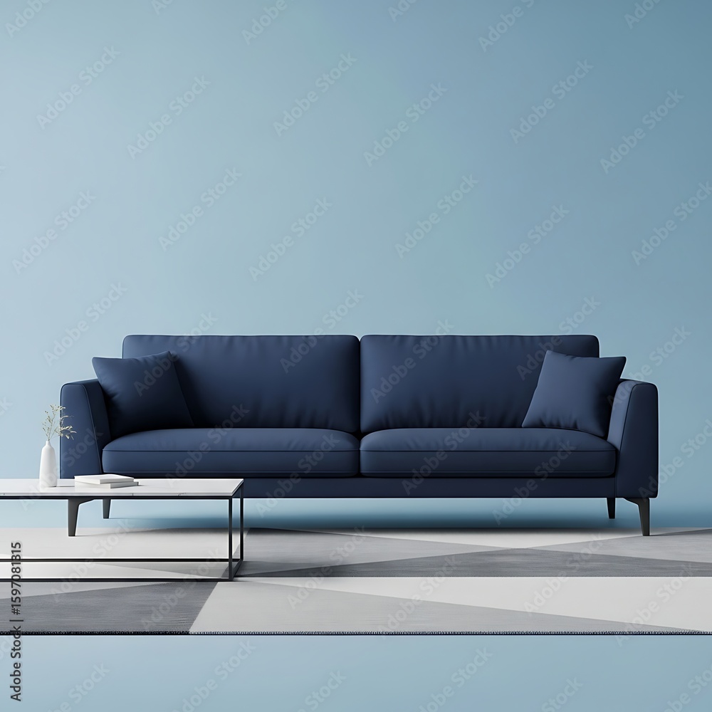 Fototapeta premium Serene Minimalist Living Room: Navy Sofa, Geometric Rug, and Pale Blue Walls
