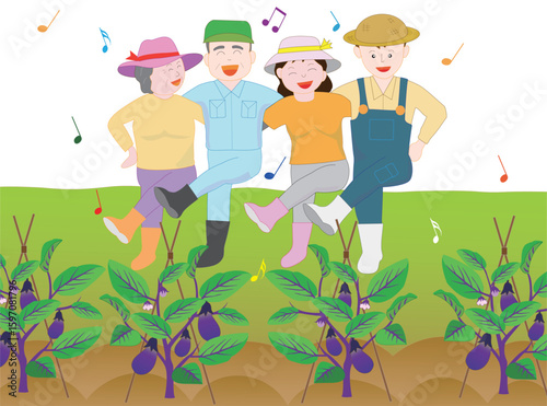 家族で野菜を栽培している農家のイラスト素材。