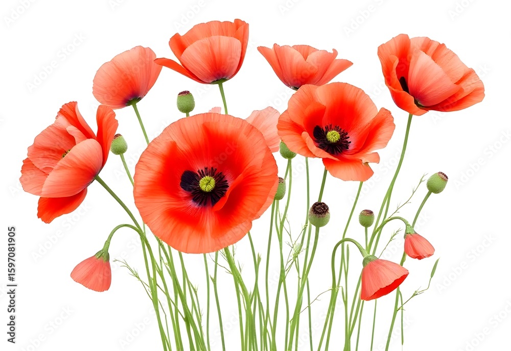 Naklejka premium Red poppy flowers isolated on white, a beautiful blossom of nature's summer field