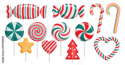 Candy canes colorful pattern clipart set. Sweet candy cane, lollipop and peppermint candy clip art collection with pattern and shape like spiral, stripes, swirl, pine tree, heart and star 