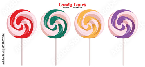Candy canes lollipop colorful clipart set. Colorful lollipops in round swirl pattern clip art collection for Christmas sweet and tasty candy cane in white background vector illustration.
