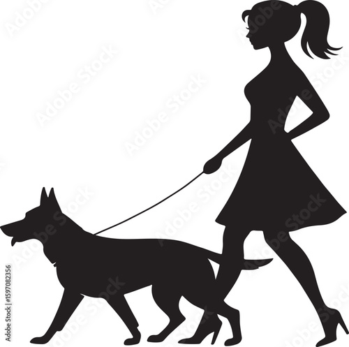 Silhouette of a Stylish Woman Walking Her Dog A Classic and Elegant Depiction of Companionship and Leisure