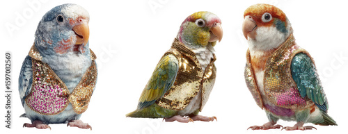 Colorful Parrots Wearing Sparkly Vests on Transparent Background