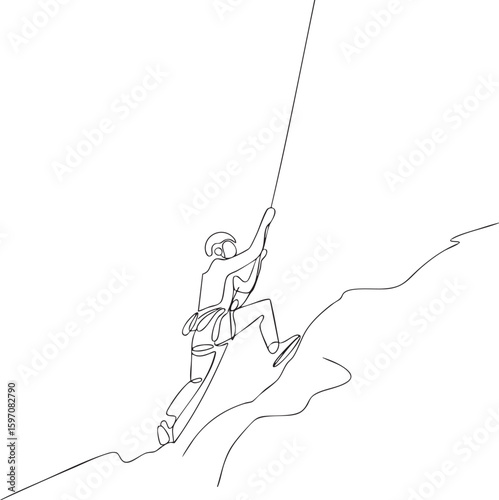 Sketch of a climber ascending a steep rocky mountain face with a rope