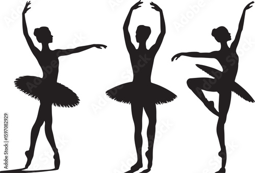 Elegant Silhouette of Ballerinas in Various Poses Showcasing Grace and Poise in a Dance Performance Against a Plain White Background