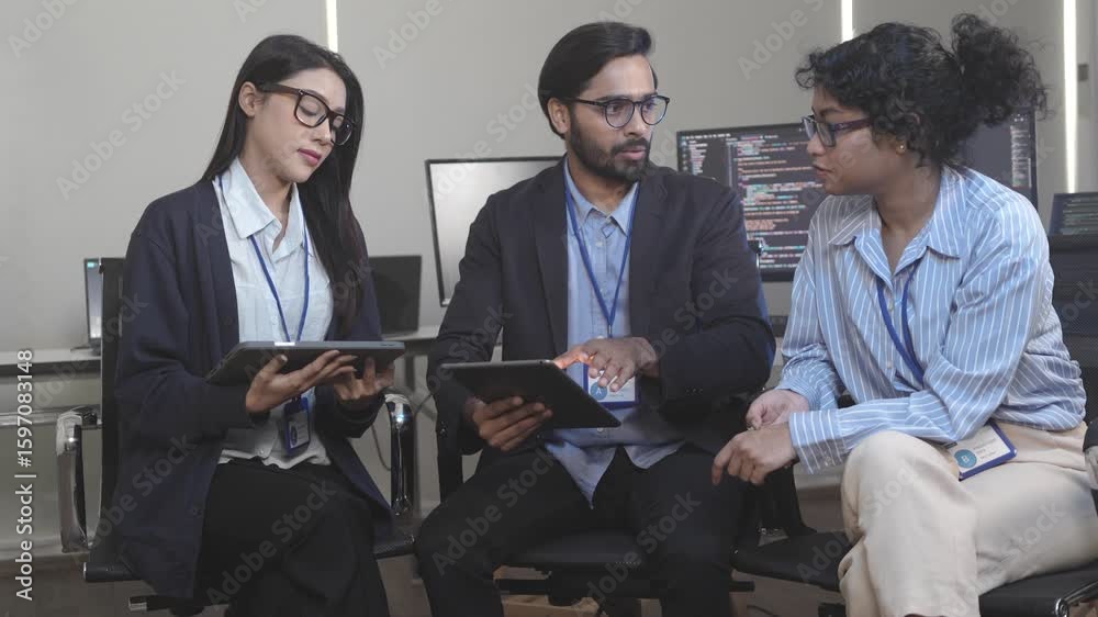An inclusive and agile team with an Indian member collaborates on a digital project using a tablet in a modern, flat organizational structure. Concept for future of work and empowered teams.