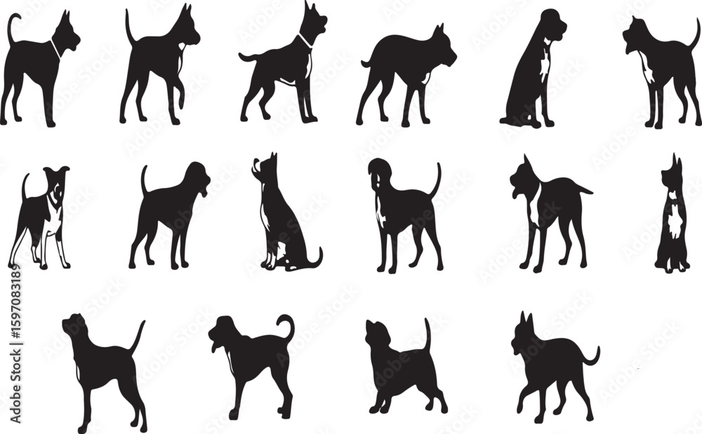 Fototapeta premium Silhouette Collection of Dog Illustrations Featuring Various Poses and Breeds, Perfect for Animal Lovers and Graphic Design Projects