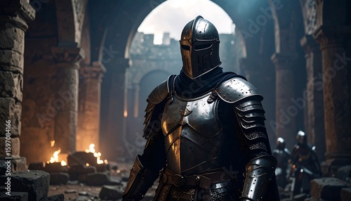 Armored Knight in Medieval Fortress with Ready for Battle, Dramatic Lighting, and Fantasy Scene.