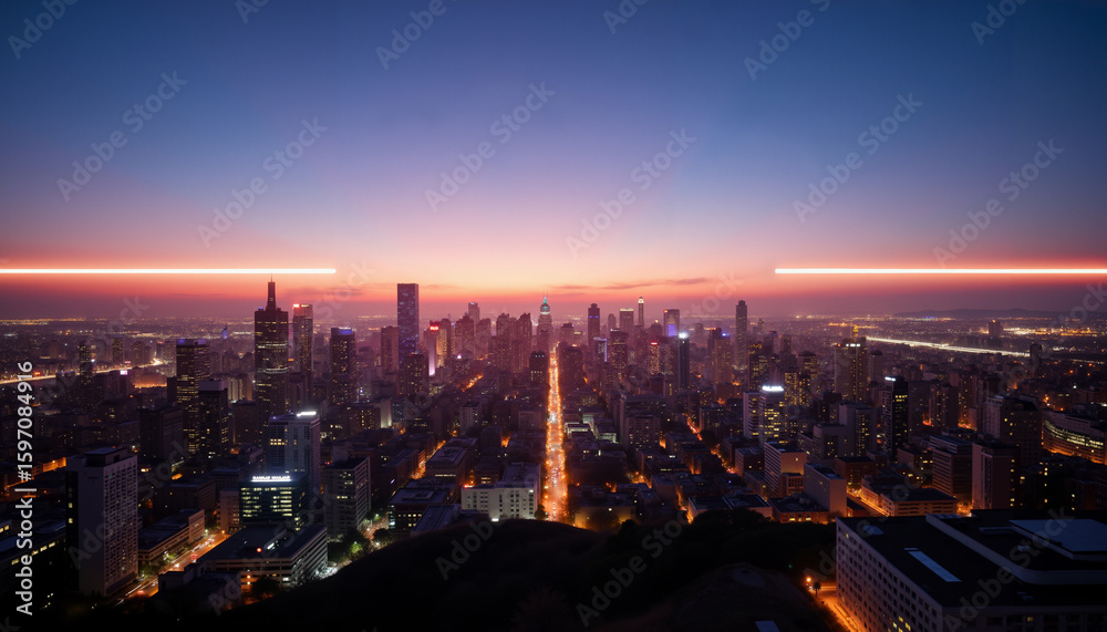 Obraz premium City skyline at sunset with glowing lights and evening sky 