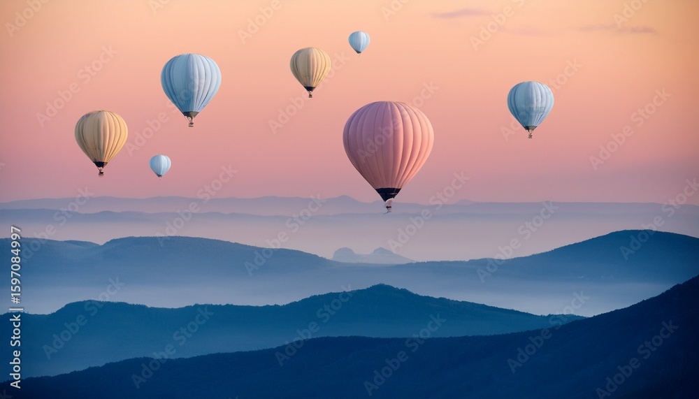 Fototapeta premium hot air balloons over layered hills__