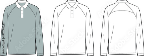 CAD drawing flat vector illustration of men's long sleeve polo shirt, raglan sleeves, button placket, casual top, fashion design, clothing, technical sketch, apparel, style, collar, garment