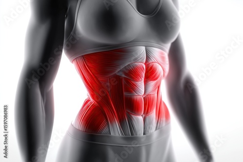 Close-up of a woman's waist with red-highlighted strong muscles on white background, emphasizing pain and muscular anatomy