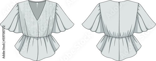 CAD drawing flat vector illustration of women's blouse, flutter sleeve top, V-neck shirt, peplum style, casual fashion, elegant design, light fabric, stylish outfit, feminine clothing, summer wear