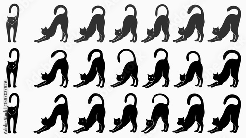 Silhouette of cats in various stretching poses arranged in a grid pattern on a white background