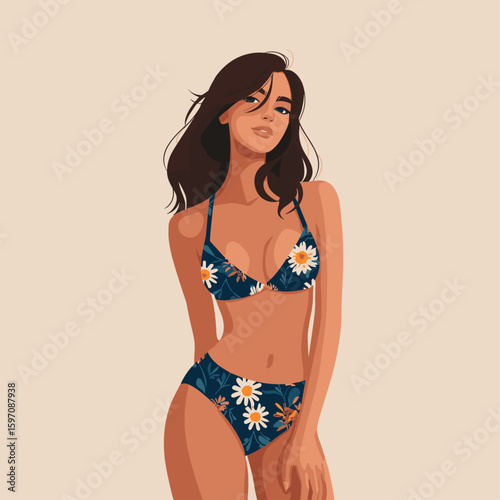 Floral bikini woman flat vector design