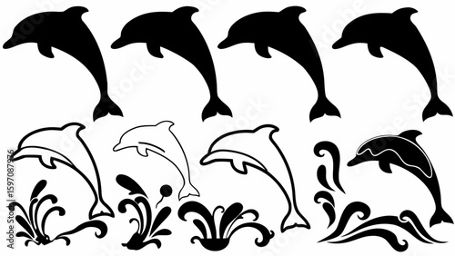 Silhouette drawings of dolphins jumping out of water with splashing waves and decorative elements around them