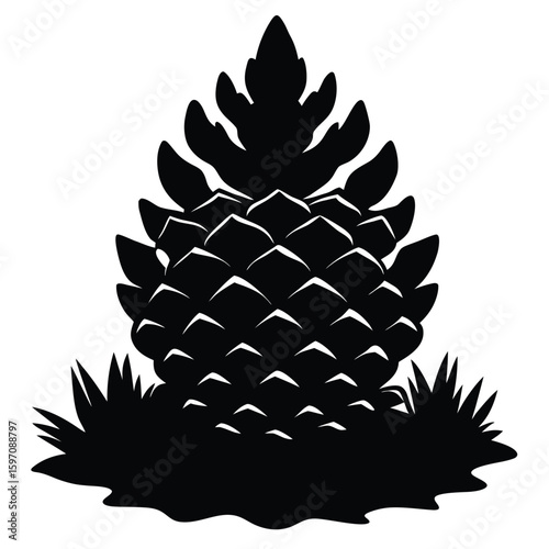 Stylized black silhouette of a pinecone with grass