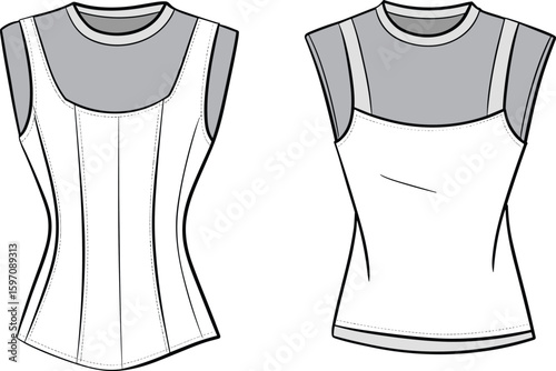 CAD drawing flat vector illustration of women's fitted corset top, sleeveless, layered with t-shirt, fashion design, technical sketch, style, clothing