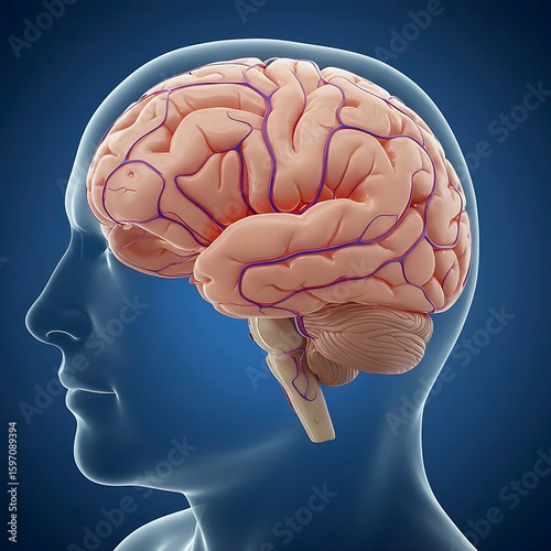  A human brain with a network of abnormal blood vessels that can easily rupture, symbolizing an arteriovenous malformation (AVM).