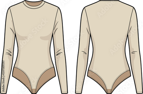 Cad drawing flat vector illustration of women's long sleeve bodysuit, fitted stretch top, front and back views, fashion apparel design, beige color