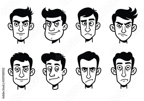 set of cartoon men and woman in many expresion. potrait illustration