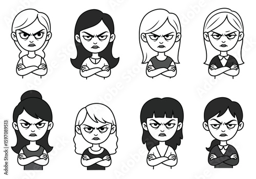 set of cartoon men and woman in many expresion. potrait illustration