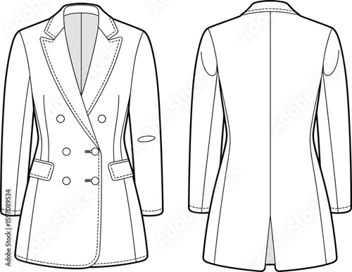 CAD drawing flat vector illustration of women's tailored blazer jacket, double-breasted, long sleeve, lapel collar, button closure, pockets, fashion design, clothing, style, technical sketch, apparel