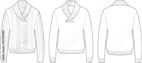 Cad drawing flat vector illustration, women’s shawl collar sweater, long sleeve knitwear top front and back technical fashion sketch