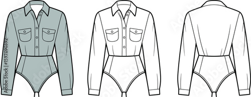 Cad drawing flat vector illustration, women's long sleeve shirt bodysuit design, fashion technical sketch, front and back view, collar detail template