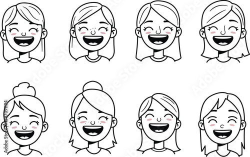 Funny angry silly Cartoon Faces and People Character Illustration Set. Expressions. Drawing black and white
