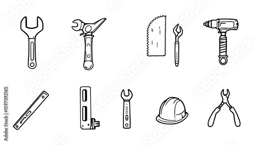 A comprehensive set of black and white vector line art icons illustrating common hand tools used for building, maintenance, and home improvement tasks.