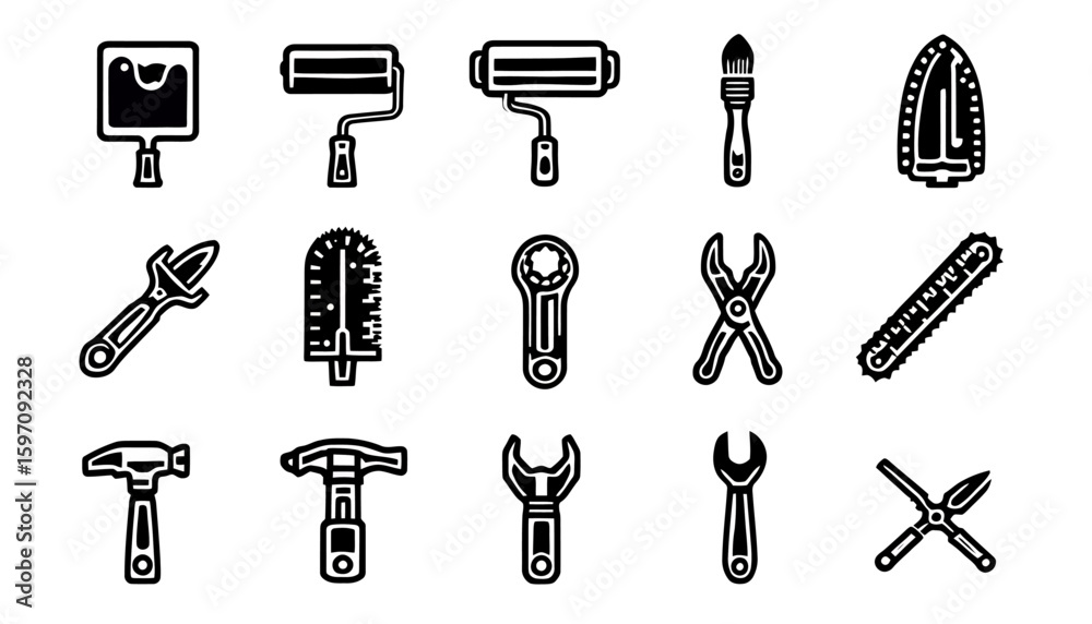 Fototapeta premium Collection of black and white vector icons representing various tools and equipment used for construction, repair, and DIY projects.