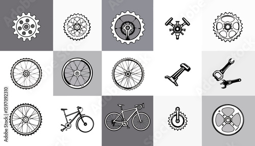 A collection of bicycle parts and tools, including gears, wheels, and wrenches, presented in a clean, modern vector graphic style on a geometric background.