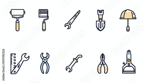 Isolated vector illustration showcasing a set of diverse hand tools, rendered in a clean, modern style with subtle color accents on a white backdrop.