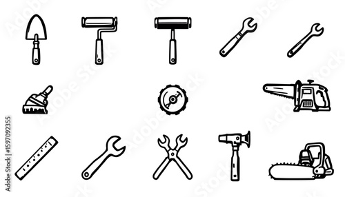 Collection of essential tools and equipment, rendered in a clean, graphic vector style, perfect for illustrating DIY, construction, or repair themes.