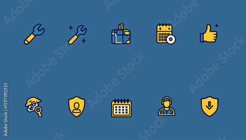 A vibrant vector illustration presents a collection of essential service icons in a clean, modern style against a solid blue backdrop, promoting efficiency and support.